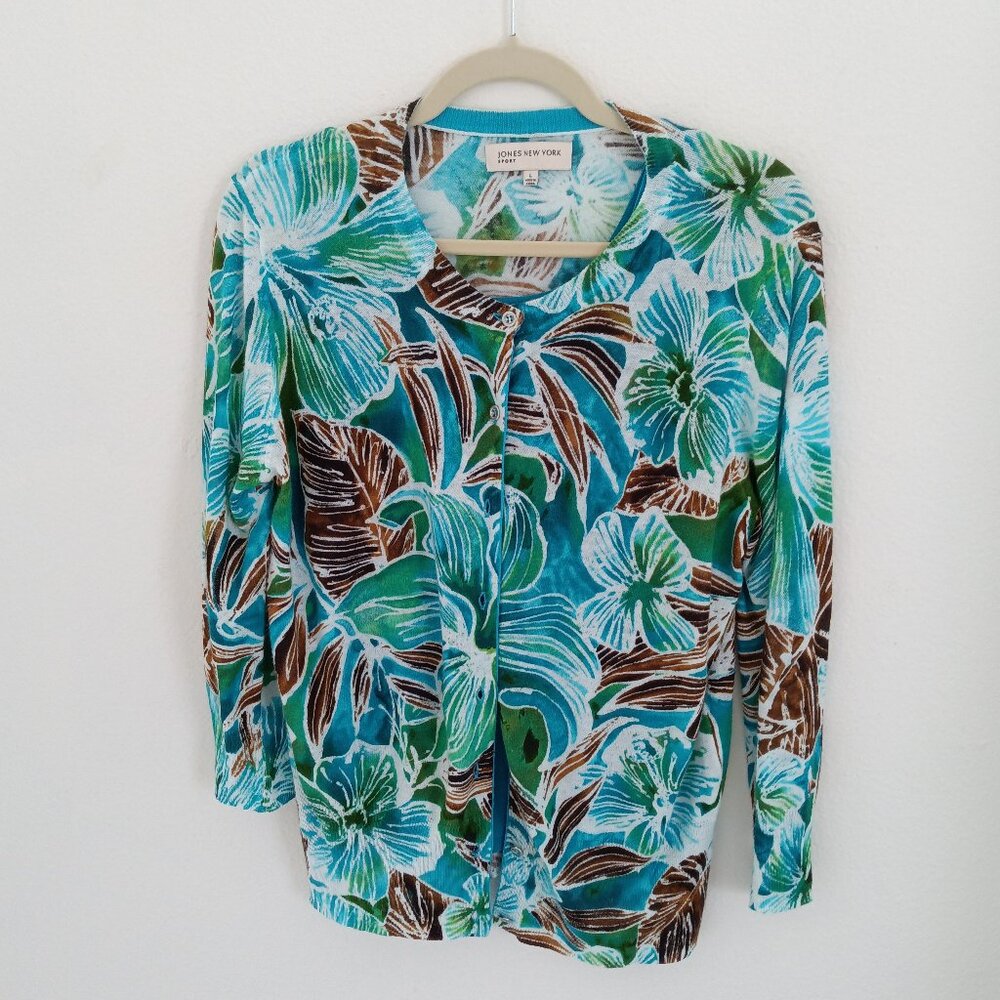 Jones New York cardigan sweater and tank top. Tropical print